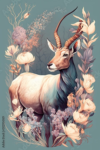 Designer Pastel Antelope in a Wonderland of Floral: A Serene Scene of a Beautiful Majestic Animal Surrounded by Delicate Flowers in a Soft and Dreamy Style Generative AI