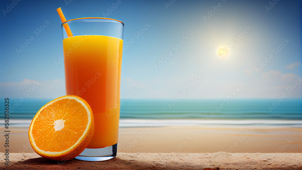 Tropical. enjoying breakfast of orange juice on the sea background with Generative AI. Tropical. enjoying breakfast of orange juice on the sea background with Generative AI.