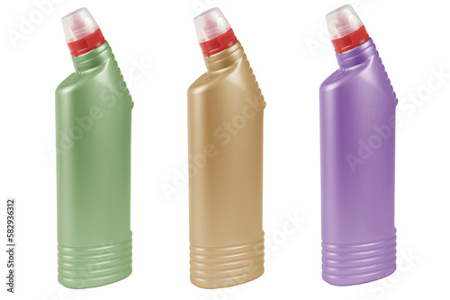 Three plastic bottle for detergent cleaning agent isolated on transparent background. Plastic bottle isolated with clipping path. Empty space for text photo