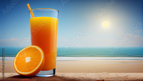 Tropical. enjoying breakfast of orange juice on the sea background with Generative AI.