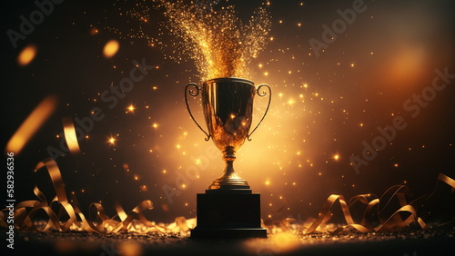 Winner trophy, bright light and blurred sparks on background. Champions award, sport victory, winner prize concept. Competition success. Top one number. Generative AI Technology