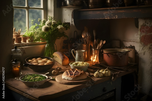 A cozy kitchen filled with the smells of freshly baked bread, roasted vegetables, and a vibrant salad with fresh herbs ai generative 