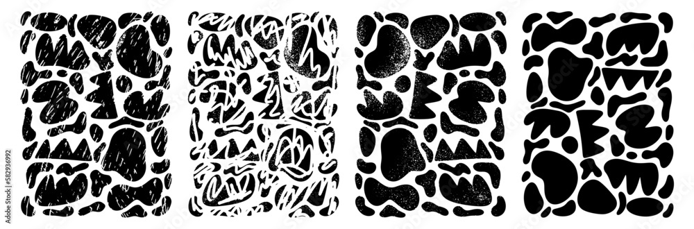 Fototapeta premium Set poster of hand drawn and doodle elements Different spots, drops of blots. Abstract black shape of doodle objects. Isolated on black background. Modern trend vector illustration
