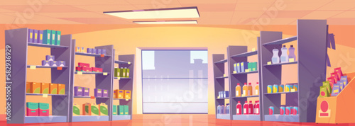 Cartoon supermarket aisle with large window. Vector illustration of shelves full of colorful cardboard boxes and food packages, bottles with beverages, lamps on ceiling. Grocery store department