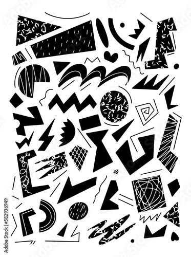 Set of hand drawn and doodle elements. Abstract black geometric shape of doodle objects. Isolated on white background. Modern trend vector illustration