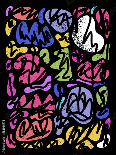 Set of hand drawn and doodle elements Different spots, drops of blots. Abstract multicolored shape of doodle objects. Isolated on black background. Modern trend vector illustration