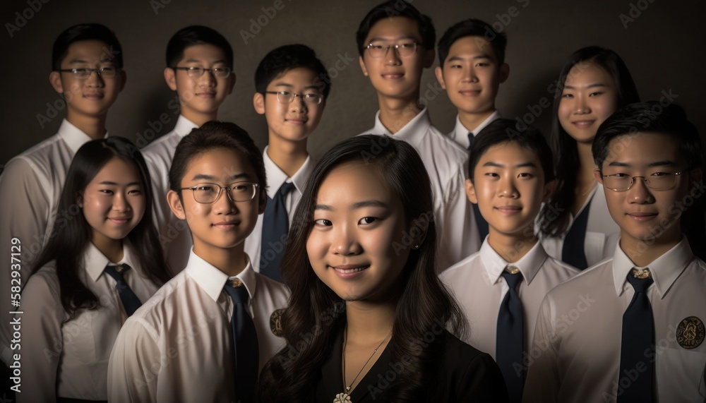 Group of Diverse and Empowered Asian Youth High School Students Working Together in National Honor Society : Power of Collaboration in Clubs, Sports Teams (generative AI)