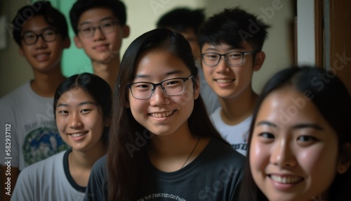 Group of Diverse and Empowered Asian Youth High School Students Working Together in Diversity and Inclusion Club : Power of Collaboration in Clubs, Sports Teams (generative AI)