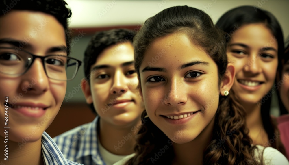 Obraz premium Group of Diverse and Empowered Hispanic Youth High School Students Working Together in Economics Club : Power of Collaboration in Clubs, Sports Teams (generative AI)