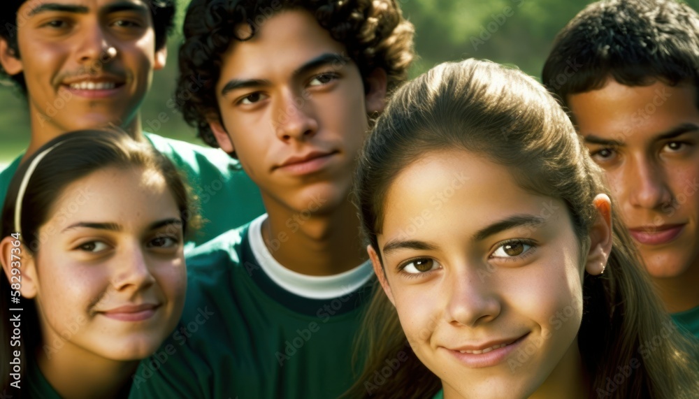 Group of Diverse and Empowered Hispanic Youth High School Students Working Together in Football : Power of Collaboration in Clubs, Sports Teams (generative AI)