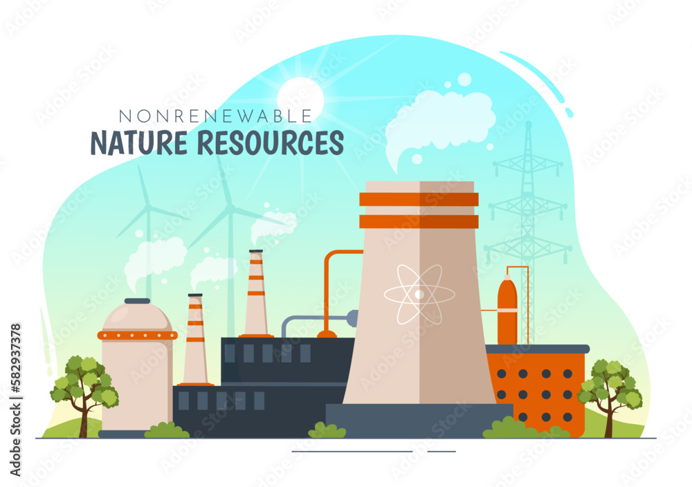 Non Renewable Sources of Energy Illustration with Nuclear, Petroleum, Oil, Natural Gas or Coal Fuels in Flat Cartoon Hand Drawn Templates