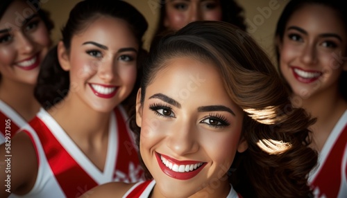 Group of Diverse and Empowered Hispanic Youth High School Students Working Together in Cheerleading : Power of Collaboration in Clubs, Sports Teams (generative AI)