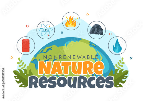 Non Renewable Sources of Energy Illustration with Nuclear, Petroleum, Oil, Natural Gas or Coal Fuels in Flat Cartoon Hand Drawn Templates