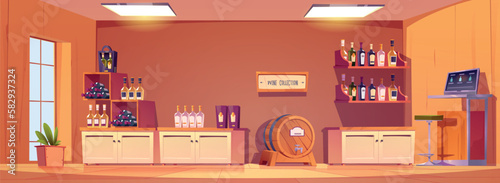 Cartoon wine shop interior design. Vector illustration of shopping mall department with alcohol bottles on shelves, vintage wooden barrels with taps, stool, cash register with computer screen on table