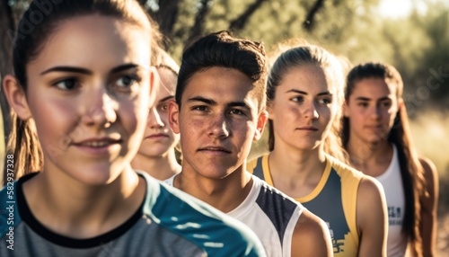 Group of Diverse and Empowered Hispanic Youth High School Students Working Together in Cross Country : Power of Collaboration in Clubs, Sports Teams (generative AI)