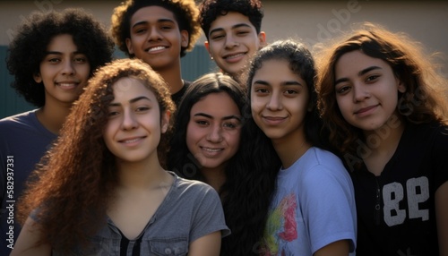 Group of Diverse and Empowered Hispanic Youth High School Students Working Together in Diversity and Inclusion Club : Power of Collaboration in Clubs, Sports Teams (generative AI)