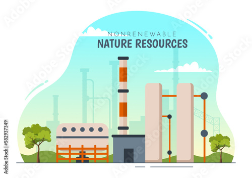 Non Renewable Sources of Energy Illustration with Nuclear, Petroleum, Oil, Natural Gas or Coal Fuels in Flat Cartoon Hand Drawn Templates