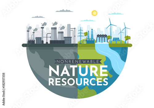 Non Renewable Sources of Energy Illustration with Nuclear, Petroleum, Oil, Natural Gas or Coal Fuels in Flat Cartoon Hand Drawn Templates
