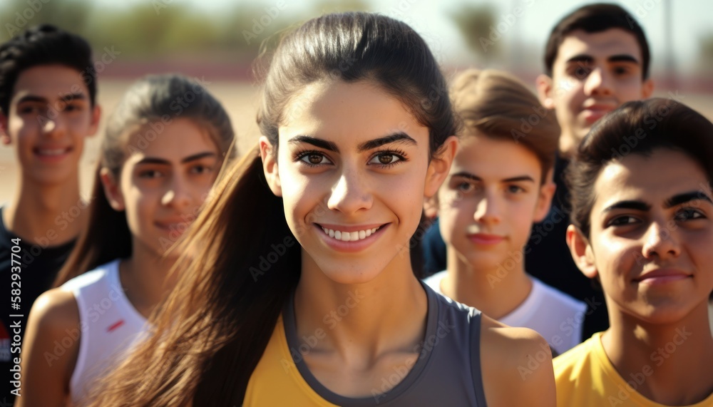 Group of Diverse and Empowered Middle Eastern Youth High School Students Working Together in Track and Field : Power of Collaboration in Clubs, Sports Teams (generative AI)