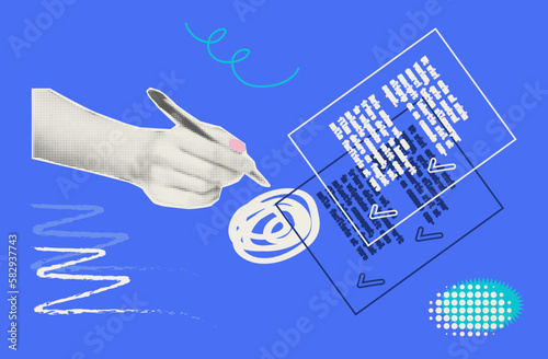 Filling out a document halftone collage. Signing, verification and approval of the document. Female hand ticks test, quiz, fills out document, agreement, completes task. Correct information. Vector.