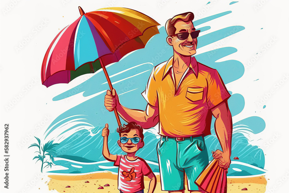 Happy Father day with children is sunbathing, sitting on sand against backdrop of high green grass. Holidays in summer season, tourist trips, vacations. Raster characters flat Generative Ai