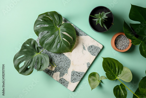 Modern houseplants on a terrazzo board on a pastel green background, minimal creative home decor concept, top view with copy space, Philodendron Hastatum. Generative AI photo