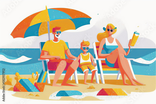 Happy family Day with children is sunbathing, sitting on sand against backdrop of high green grass. Holidays in summer season, tourist trips, vacations. Raster characters flat Generative Ai
