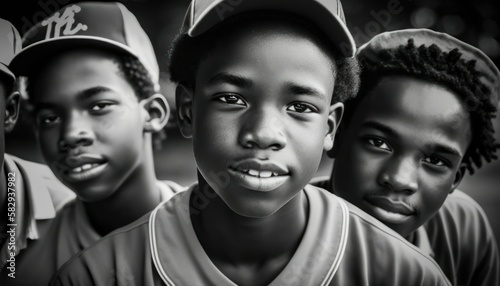 Group of Diverse and Empowered African American Black Youth High School Students Working Together in Baseball : Power of Collaboration in Clubs, Sports Teams (generative AI)