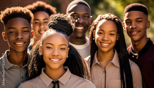 Group of Diverse and Empowered African American Black Youth High School Students Working Together in Community Service Club : Power of Collaboration in Clubs, Sports Teams (generative AI)