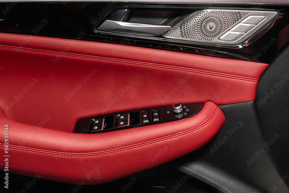 Side door buttons: window, mirror adjustment buttons, door lock. Car inside. Side door buttons: window, mirror adjustment buttons, door lock. Car inside.
