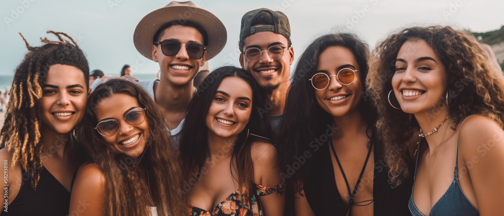 Image Generated Artificial Intelligence. Group of carefree  young friends having fun on summer