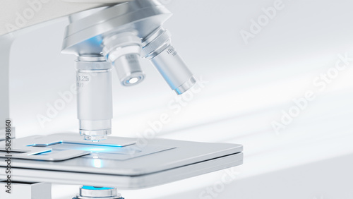 Microscope chemistry. pharmaceutical instrument. microbiology magnifying tool and symbol of chemical science exploration. Space for banner and logo. Science and Technology background. 3D Render.
