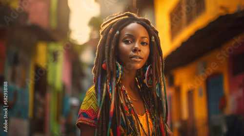 Image Generated Artificial Intelligence. Portrait of an afro caribbean woman rasta hair style on street
