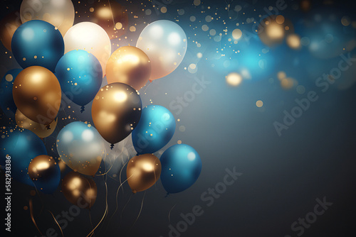 Realistic Festive Background With Golden And Blue Balloons, Generative Ai