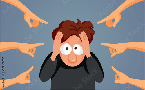 Hands Pointing to a Stressed Man Suffering from Depression Vector Illustration. Unhappy desperate man suffering from mental health problems being stigmatized 
