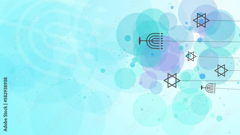 Vertical video. Icons of jewish symbols menorah and star of david. Abstract blue background with blurred circles. Looped video. Vertical video. Icons of jewish symbols menorah and star of david. Abstract blue background with blurred circles. Looped video.