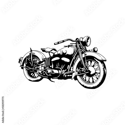 Retro motorcycle, black and white detailed vector illustration isolated without backdrop, flat style. Icon of a stylish vintage motorbike with details for decoration and design without a background 