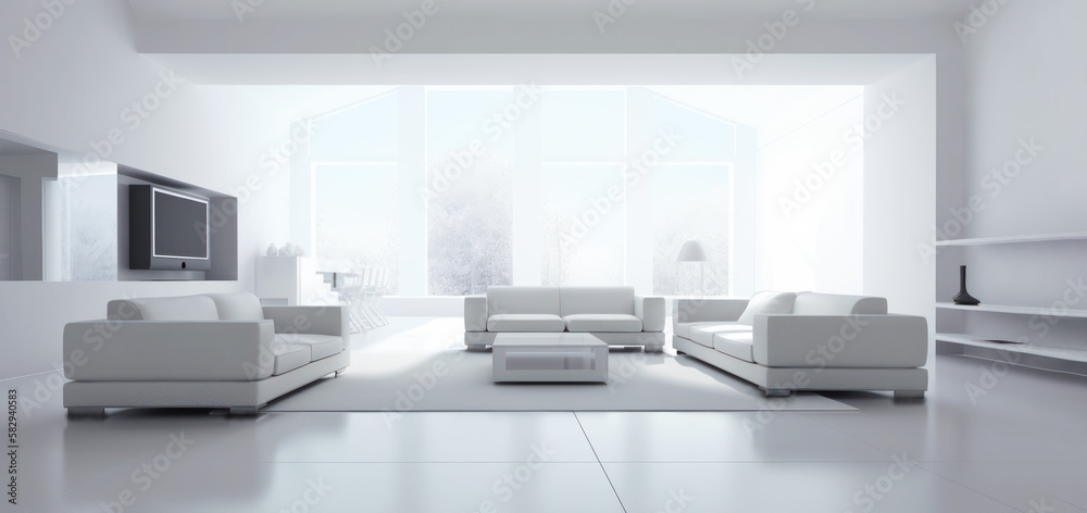 White living room. White clean organized living room with full wall windows on one side. white furniture. Generative AI. 