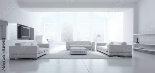 White living room. White clean organized living room with full wall windows on one side. white furniture. Generative AI. 