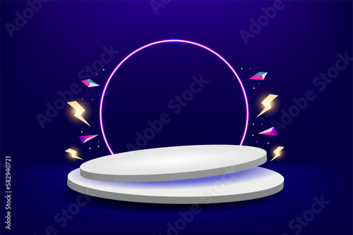 Neon Futuristic Pedestal for your product. Blank podium for products. Premium Vector.