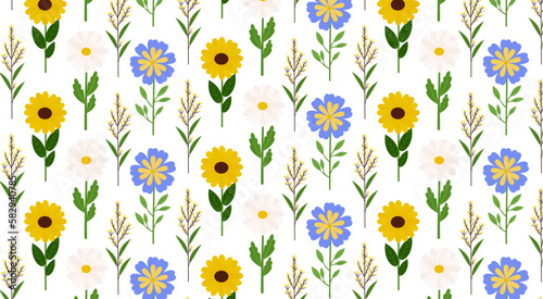 Seamless floral pattern. Spring or summer flowers, repeating print. Botanical background, texture design for textile, fabric, wrapping. Vector illustration in flat style