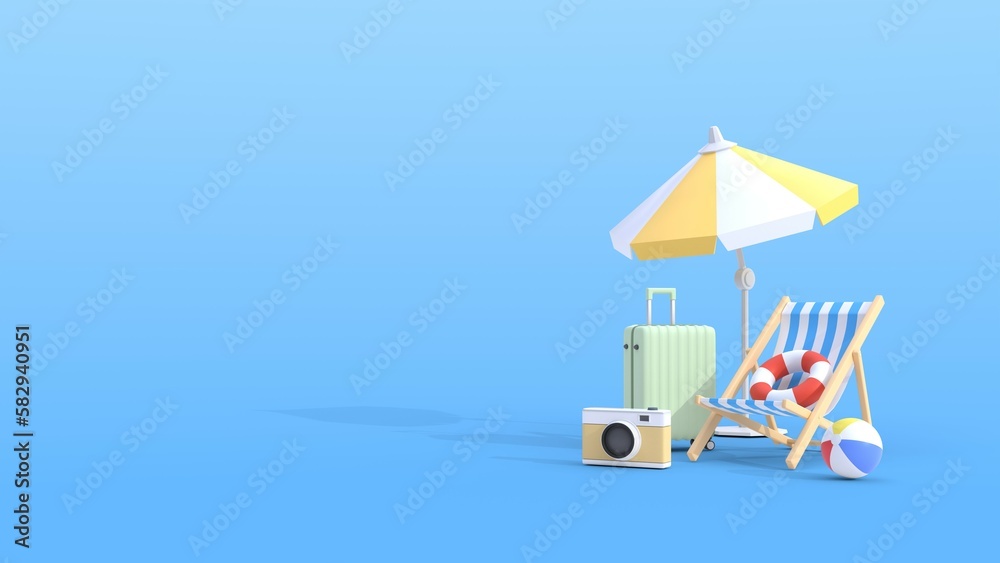 3D Summer banner. Chair beach with umbrella camera beach ball and suitcase. concept of vacation. 3D illustration