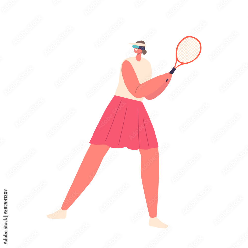 Female Character Play Virtual Reality Tennis On Digital Court, Swinging Racket To Hit Ball Isolated On White Background Female Character Play Virtual Reality Tennis On Digital Court, Swinging Racket To Hit Ball Isolated On White Background