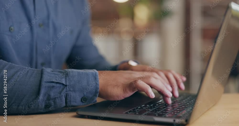 Closeup, business and hands with laptop, typing and data analysis in workplace, connection and planning. Zoom, male employee and consultant with device, search internet for information and update Closeup, business and hands with laptop, typing and data analysis in workplace, connection and planning. Zoom, male employee and consultant with device, search internet for information and update