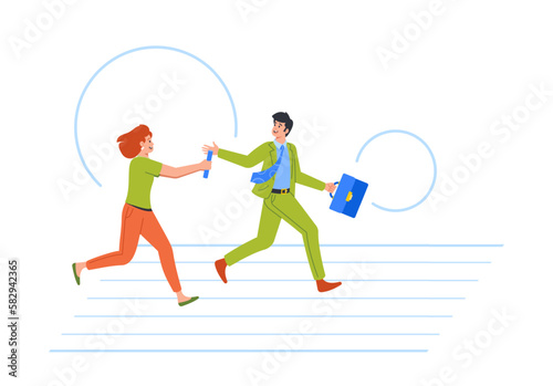 Business Characters In Action Running Relay Race, Passing On The Baton. Concept of Competition, Teamwork Collaboration