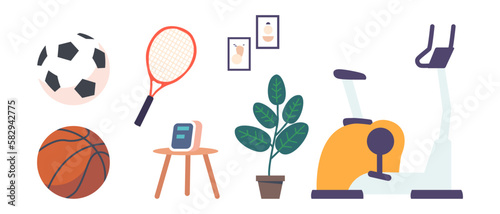 Set of Sports Equipment and Home Items Icons. Exercise Bike, Soccer or Basketball Ball, Tennis Racket, Potted Houseplant