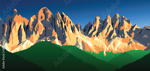 evening panoramic view of Geislergruppe or Gruppo dele Odle, vector illustration, Alps Dolomites mountais, Italy