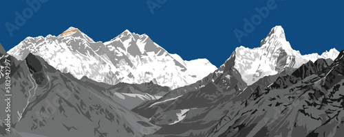 Mount Lhotse and Nuptse south rock face, top of Mt Everest and Ama Dablam peak, vector illustration, Khumbu valley, Everest area, Nepal himalayas mountains