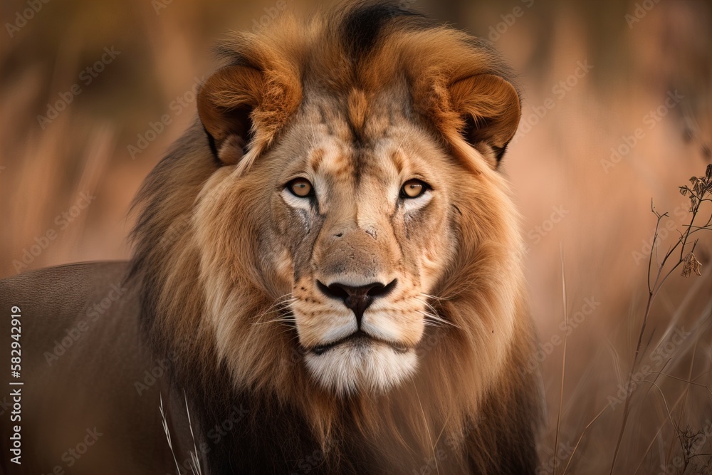 A stunning portrait of a lion, with piercing eyes and a regal mane. (Generative AI)
