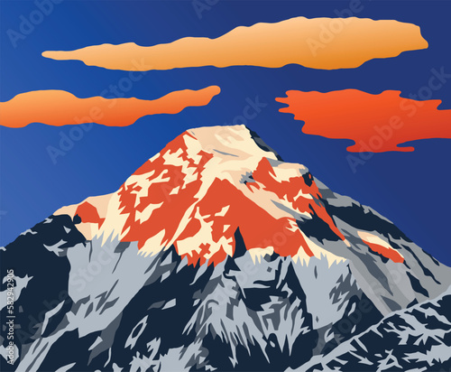 Evening mountain top of mount Dhaulagiri vector illustration logo, Nepal Himalaya mountains